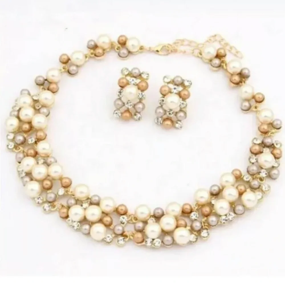 🍀New Crystal Pearl Necklace Earrings Jewelry gift Set - Picture 2 of 11